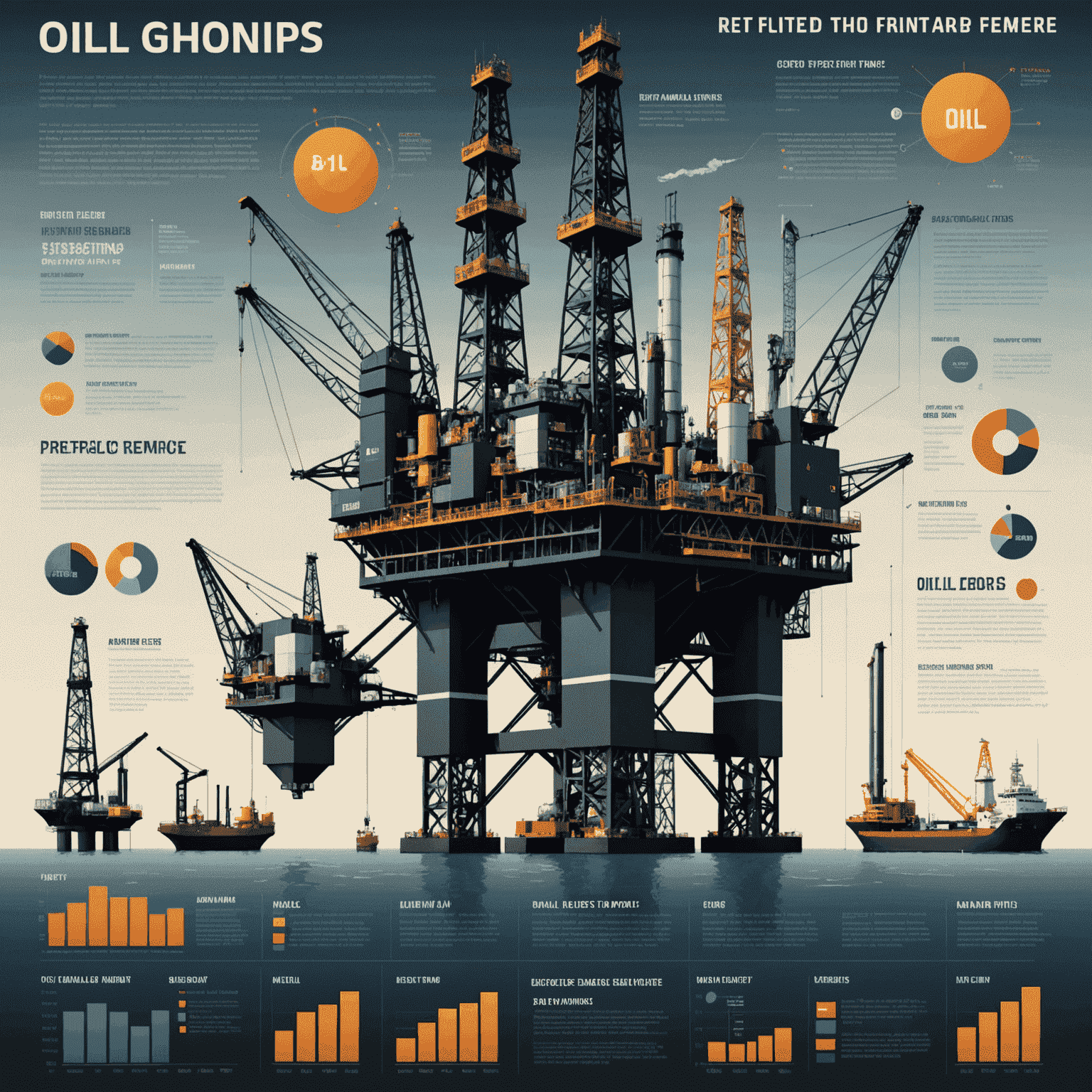 An infographic showing various aspects of the oil industry including oil rigs, refineries, and global market trends