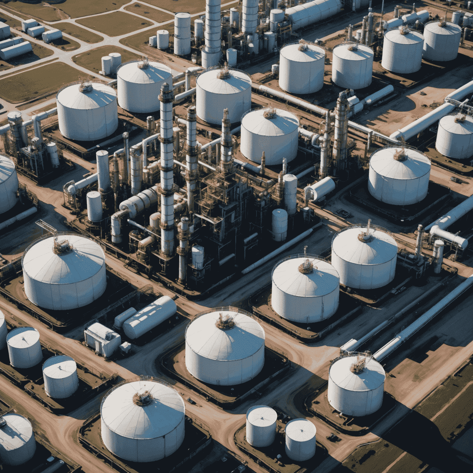 Aerial view of an oil refinery with multiple oil storage tanks and processing units, showcasing the scale of the oil industry