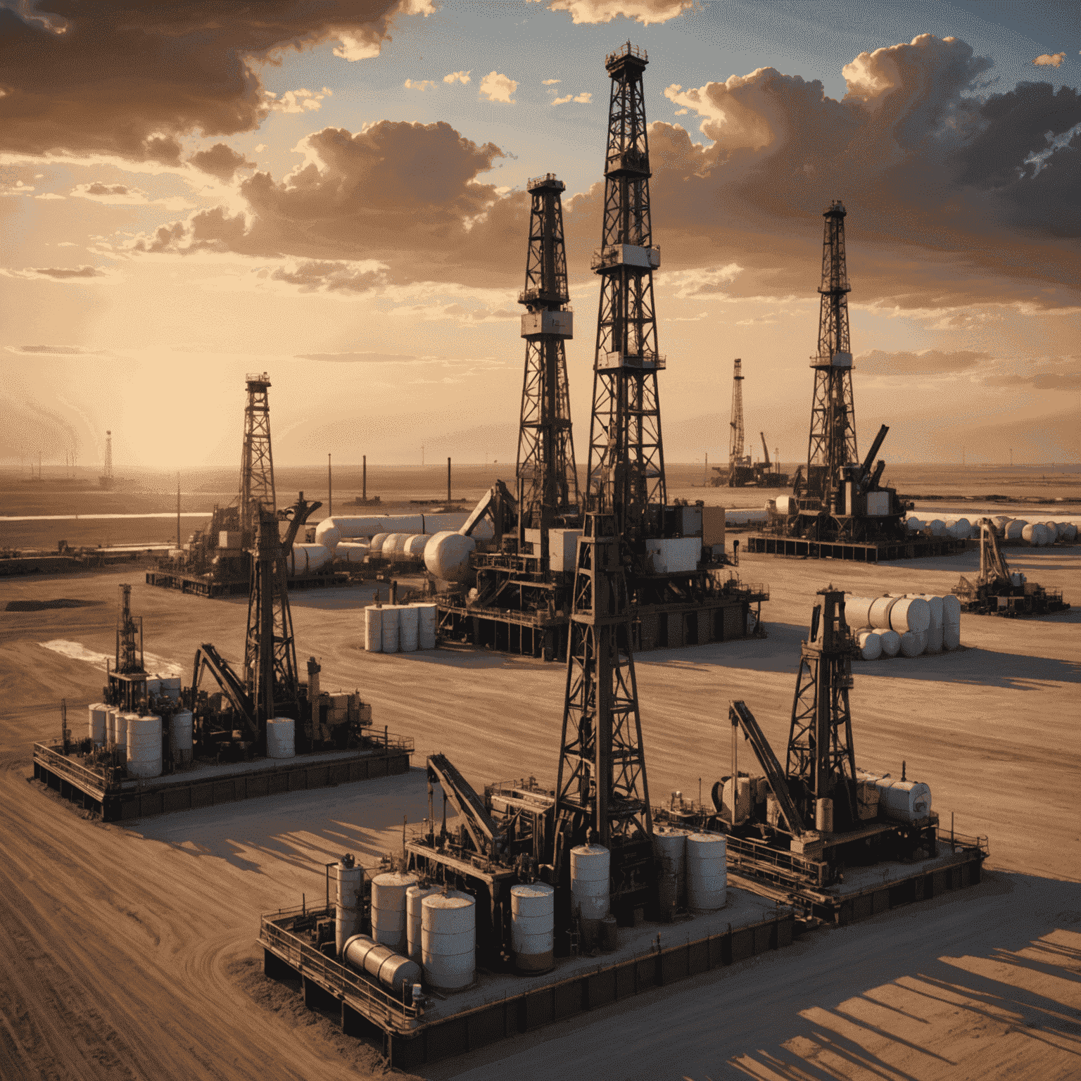 An array of oil field equipment including a large drilling rig, several pumping units, and storage tanks in the background. The equipment is arranged on a vast oil field with a setting sun on the horizon, showcasing the scale of operations in the oil industry.