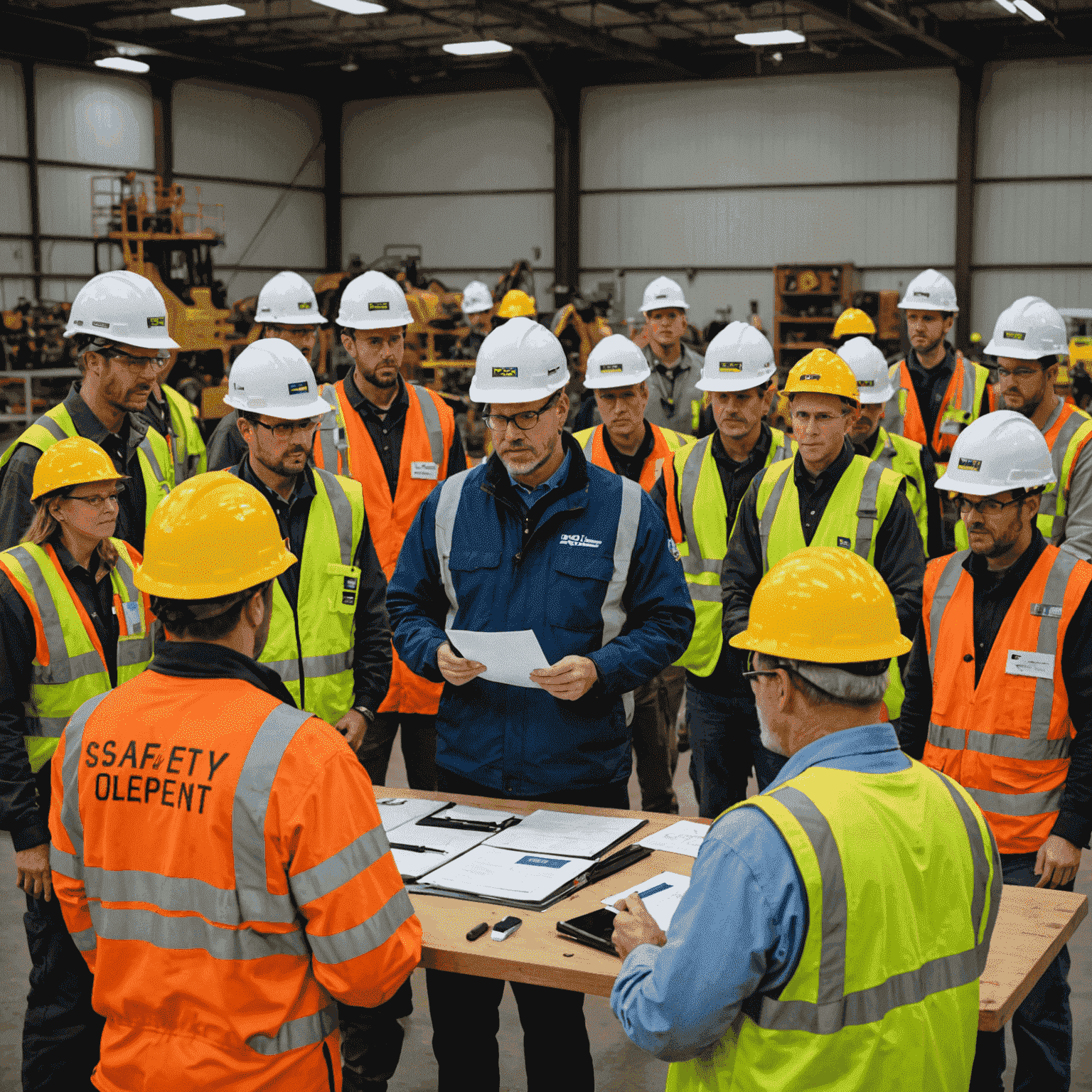 Oil workers in full safety gear including hard hats, safety glasses, and high-visibility vests. They are gathered around a safety instructor who is demonstrating proper use of safety equipment. In the background, safety signage and emergency equipment are visible, emphasizing the importance of safety in oil operations.